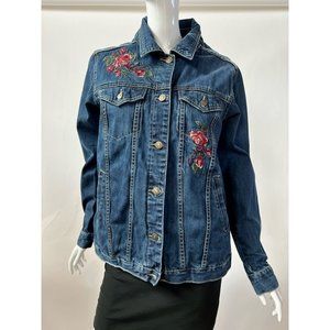 The Skyline Collection Womens Jean Jacket Blue Floral Embroidery Pockets Denim S